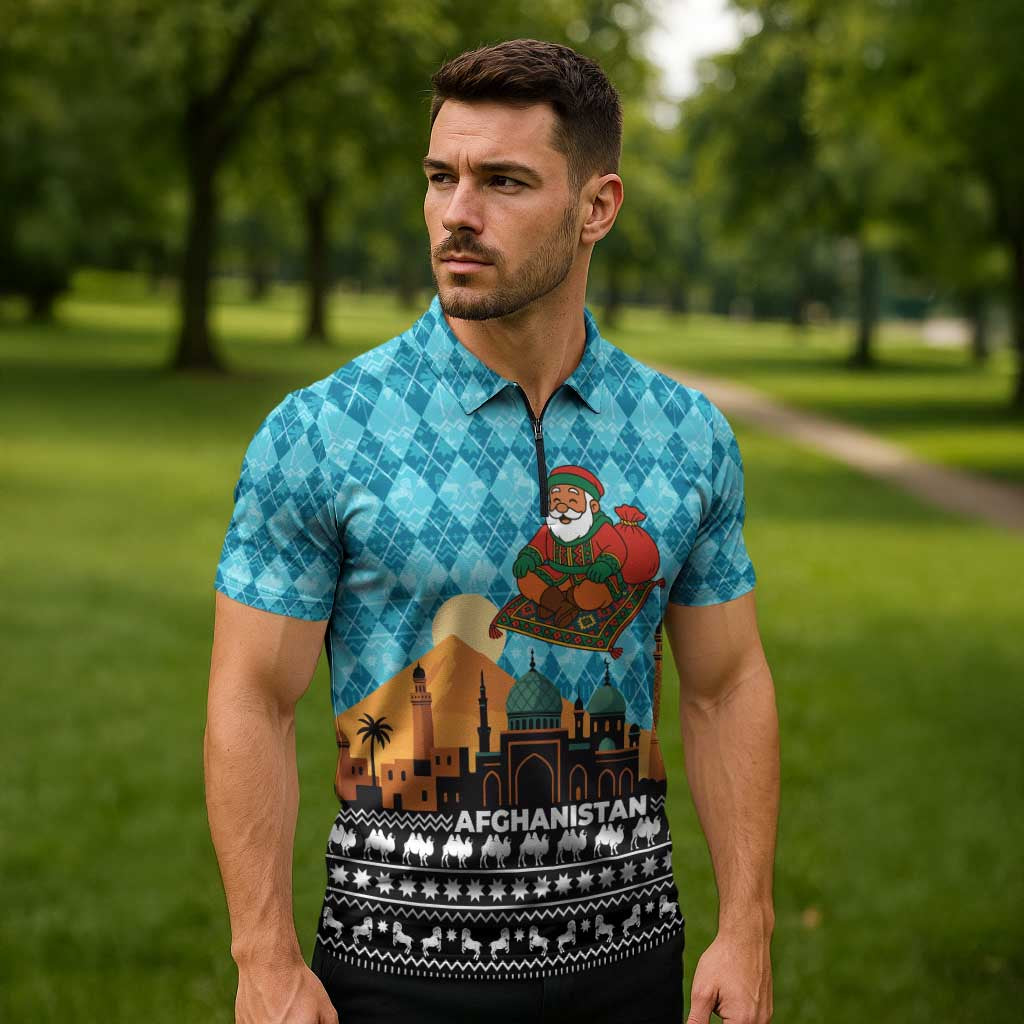 Afghanistan Christmas Zipper Polo Shirt with Santa on Flying Carpet Mosque Camels and Desert Sunset Design - Wonder Print Shop