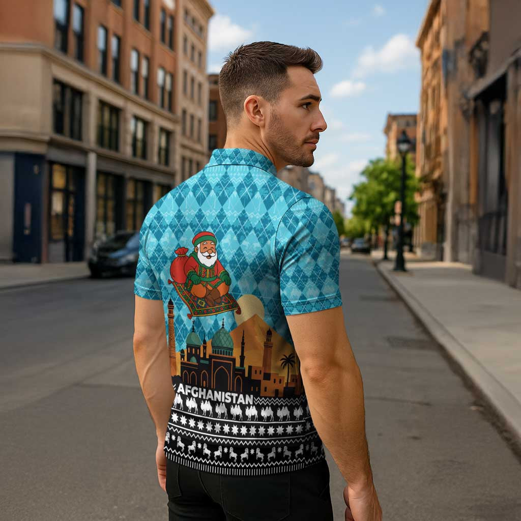 Afghanistan Christmas Zipper Polo Shirt with Santa on Flying Carpet Mosque Camels and Desert Sunset Design - Wonder Print Shop