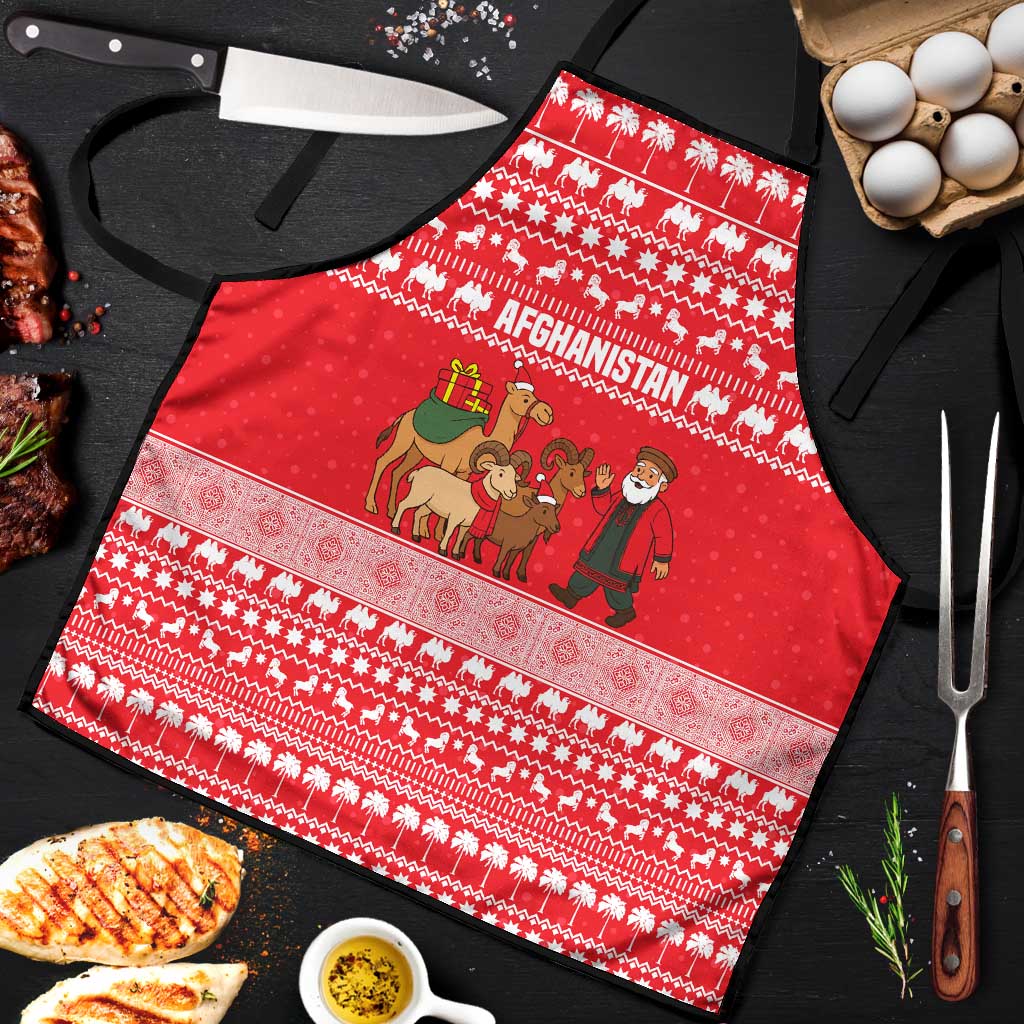 Afghanistan Christmas Apron with Santa Camels Sheep Traditional Pattern and Festive Design - Wonder Print Shop