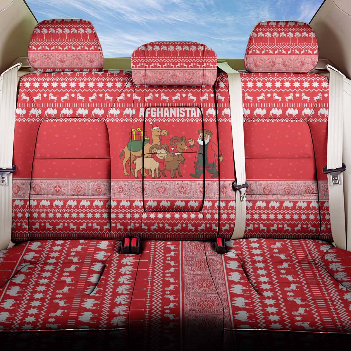 Afghanistan Christmas Back Car Seat Cover with Santa Camels Sheep Traditional Pattern and Festive Design - Wonder Print Shop