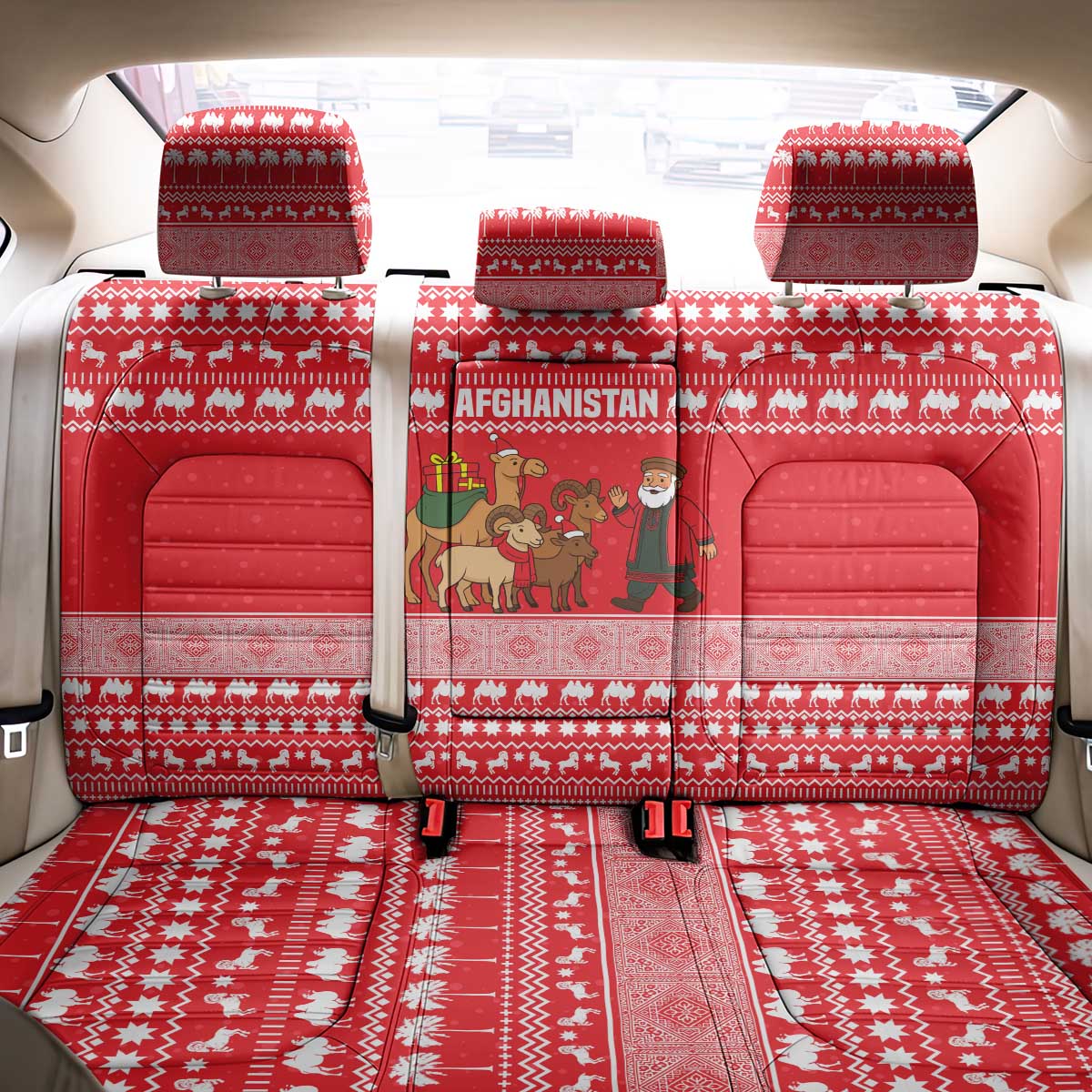 Afghanistan Christmas Back Car Seat Cover with Santa Camels Sheep Traditional Pattern and Festive Design - Wonder Print Shop