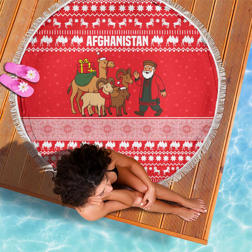 Afghanistan Christmas Beach Blanket with Santa Camels Sheep Traditional Pattern and Festive Design - Wonder Print Shop