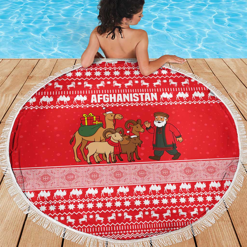 Afghanistan Christmas Beach Blanket with Santa Camels Sheep Traditional Pattern and Festive Design - Wonder Print Shop