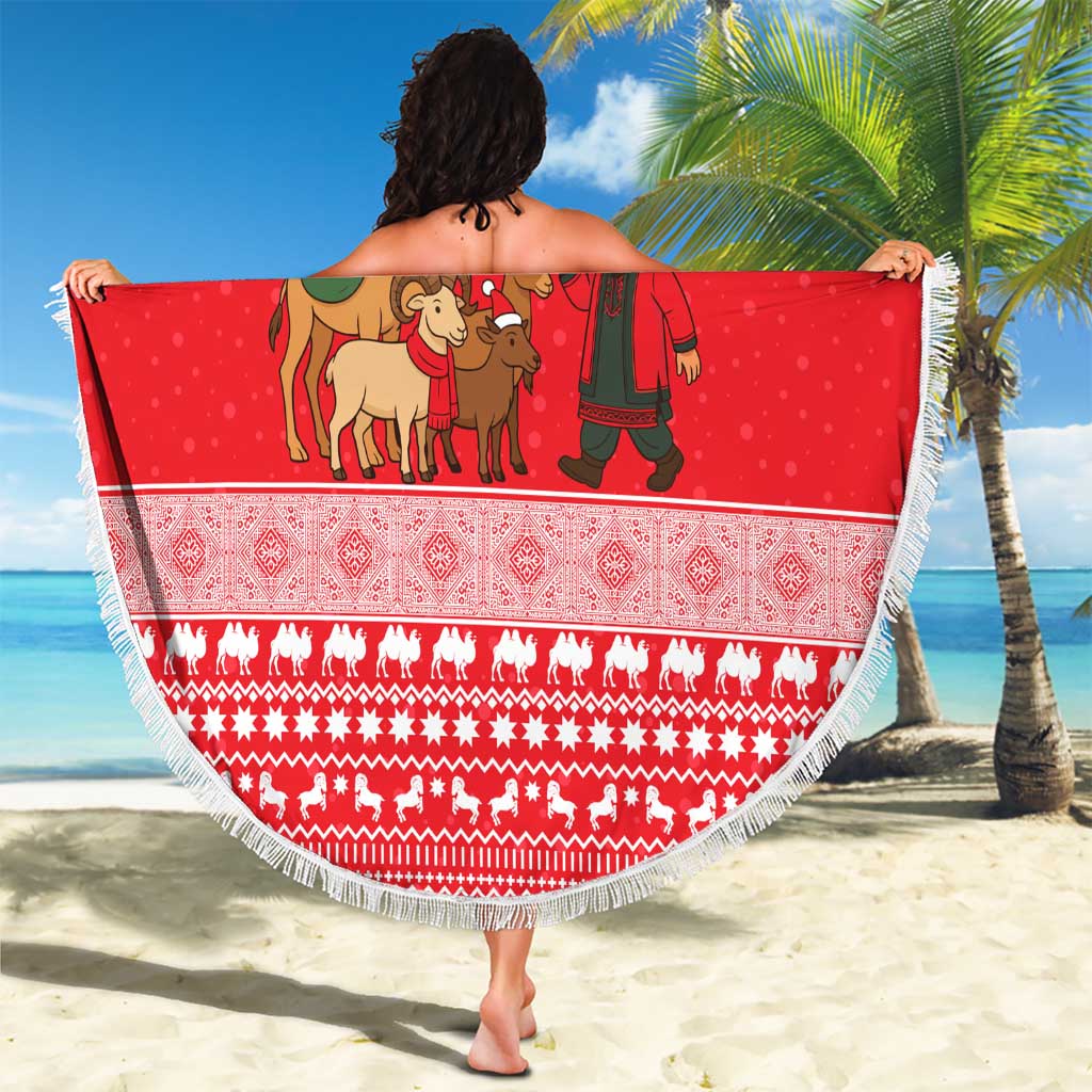 Afghanistan Christmas Beach Blanket with Santa Camels Sheep Traditional Pattern and Festive Design - Wonder Print Shop