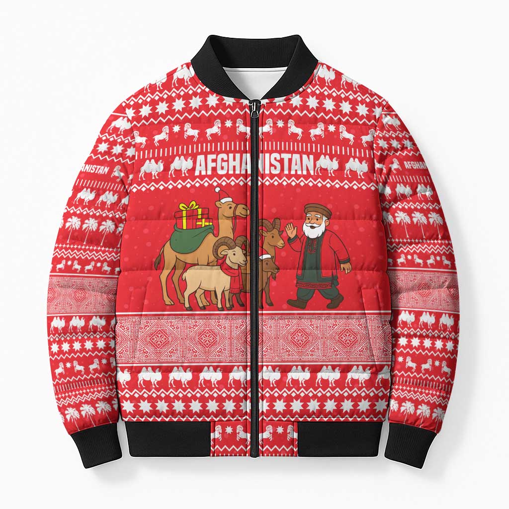 Afghanistan Christmas Bomber Puffer Jacket with Santa Camels Sheep Traditional Pattern and Festive Design - Wonder Print Shop