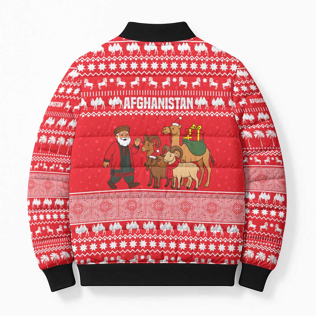 Afghanistan Christmas Bomber Puffer Jacket with Santa Camels Sheep Traditional Pattern and Festive Design - Wonder Print Shop