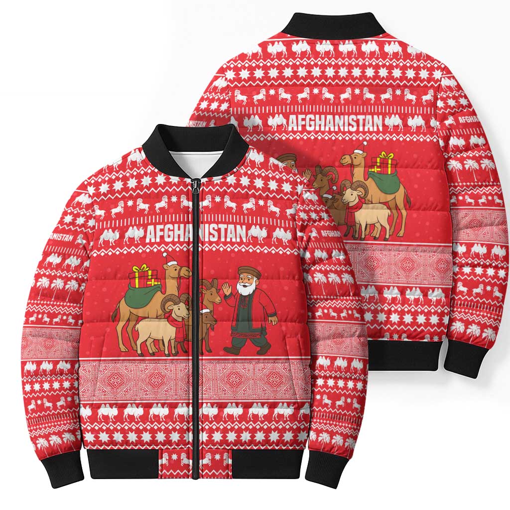 Afghanistan Christmas Bomber Puffer Jacket with Santa Camels Sheep Traditional Pattern and Festive Design - Wonder Print Shop