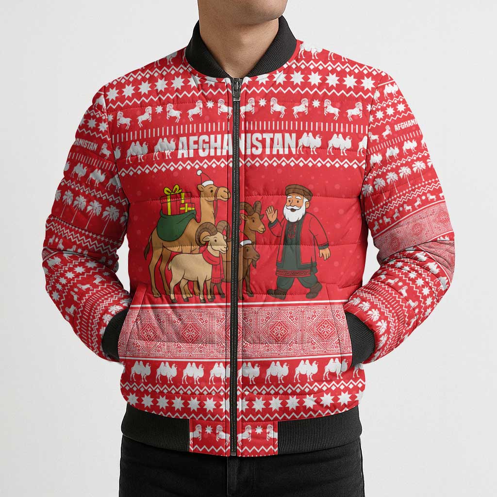 Afghanistan Christmas Bomber Puffer Jacket with Santa Camels Sheep Traditional Pattern and Festive Design - Wonder Print Shop