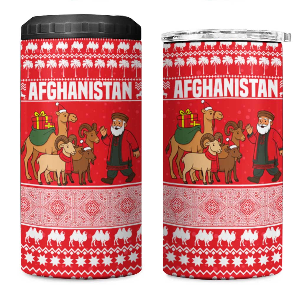 Afghanistan Christmas 4 in 1 Can Cooler Tumbler with Santa Camels Sheep Traditional Pattern and Festive Design - Wonder Print Shop