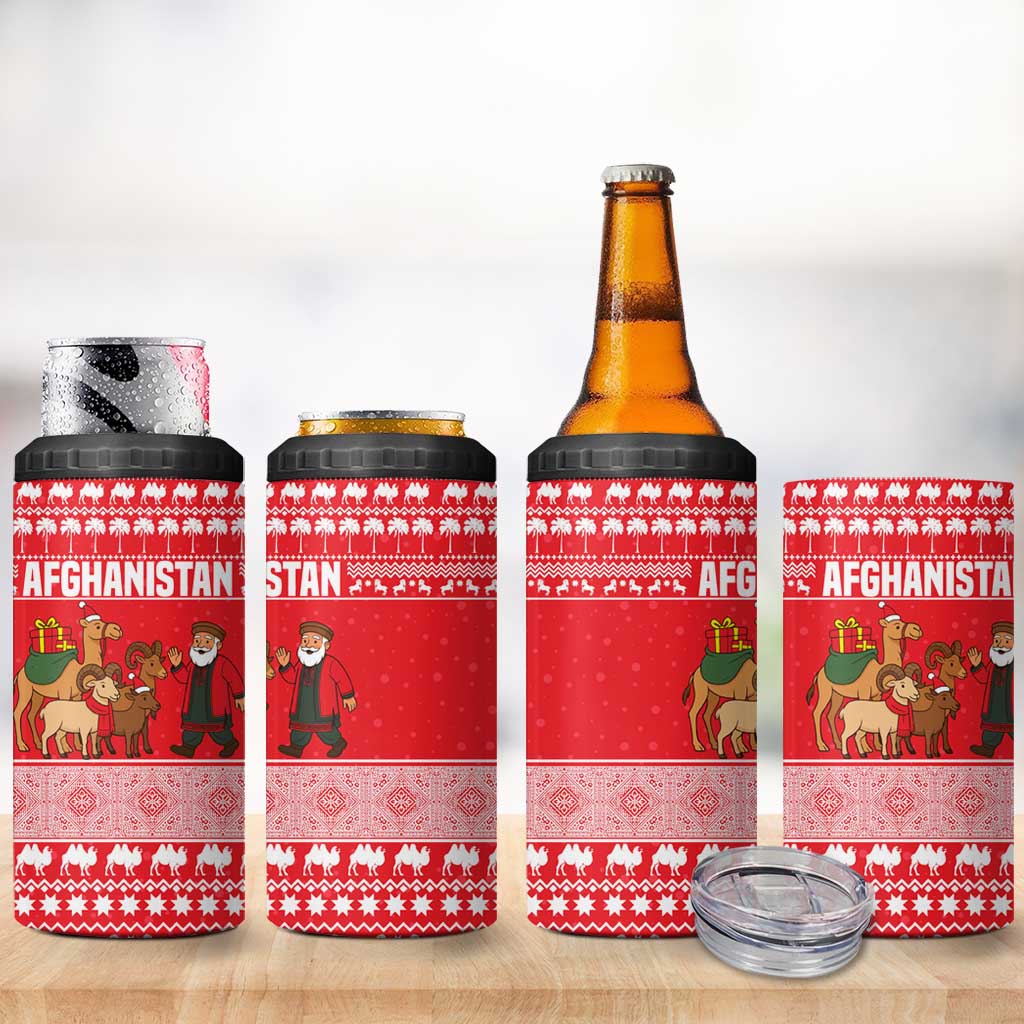 Afghanistan Christmas 4 in 1 Can Cooler Tumbler with Santa Camels Sheep Traditional Pattern and Festive Design - Wonder Print Shop