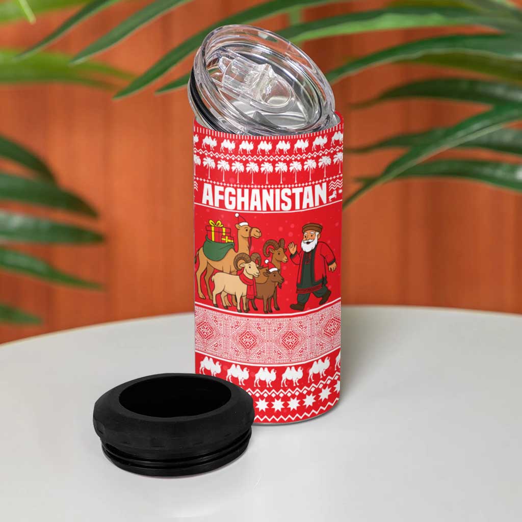 Afghanistan Christmas 4 in 1 Can Cooler Tumbler with Santa Camels Sheep Traditional Pattern and Festive Design - Wonder Print Shop