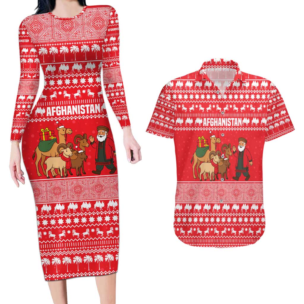 Afghanistan Christmas Couples Matching Long Sleeve Bodycon Dress and Hawaiian Shirt with Santa Camels Sheep Traditional Pattern and Festive Design - Wonder Print Shop