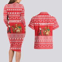 Afghanistan Christmas Couples Matching Long Sleeve Bodycon Dress and Hawaiian Shirt with Santa Camels Sheep Traditional Pattern and Festive Design - Wonder Print Shop