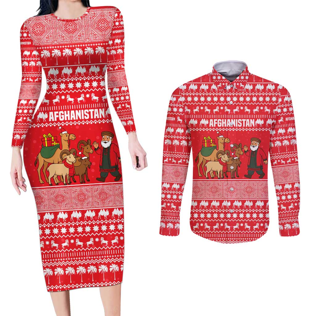 Afghanistan Christmas Couples Matching Long Sleeve Bodycon Dress and Long Sleeve Button Shirt with Santa Camels Sheep Traditional Pattern and Festive Design - Wonder Print Shop