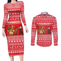 Afghanistan Christmas Couples Matching Long Sleeve Bodycon Dress and Long Sleeve Button Shirt with Santa Camels Sheep Traditional Pattern and Festive Design - Wonder Print Shop