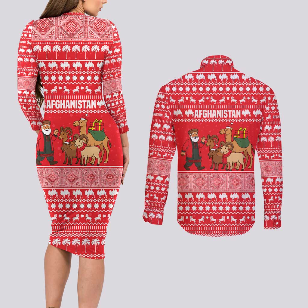 Afghanistan Christmas Couples Matching Long Sleeve Bodycon Dress and Long Sleeve Button Shirt with Santa Camels Sheep Traditional Pattern and Festive Design - Wonder Print Shop