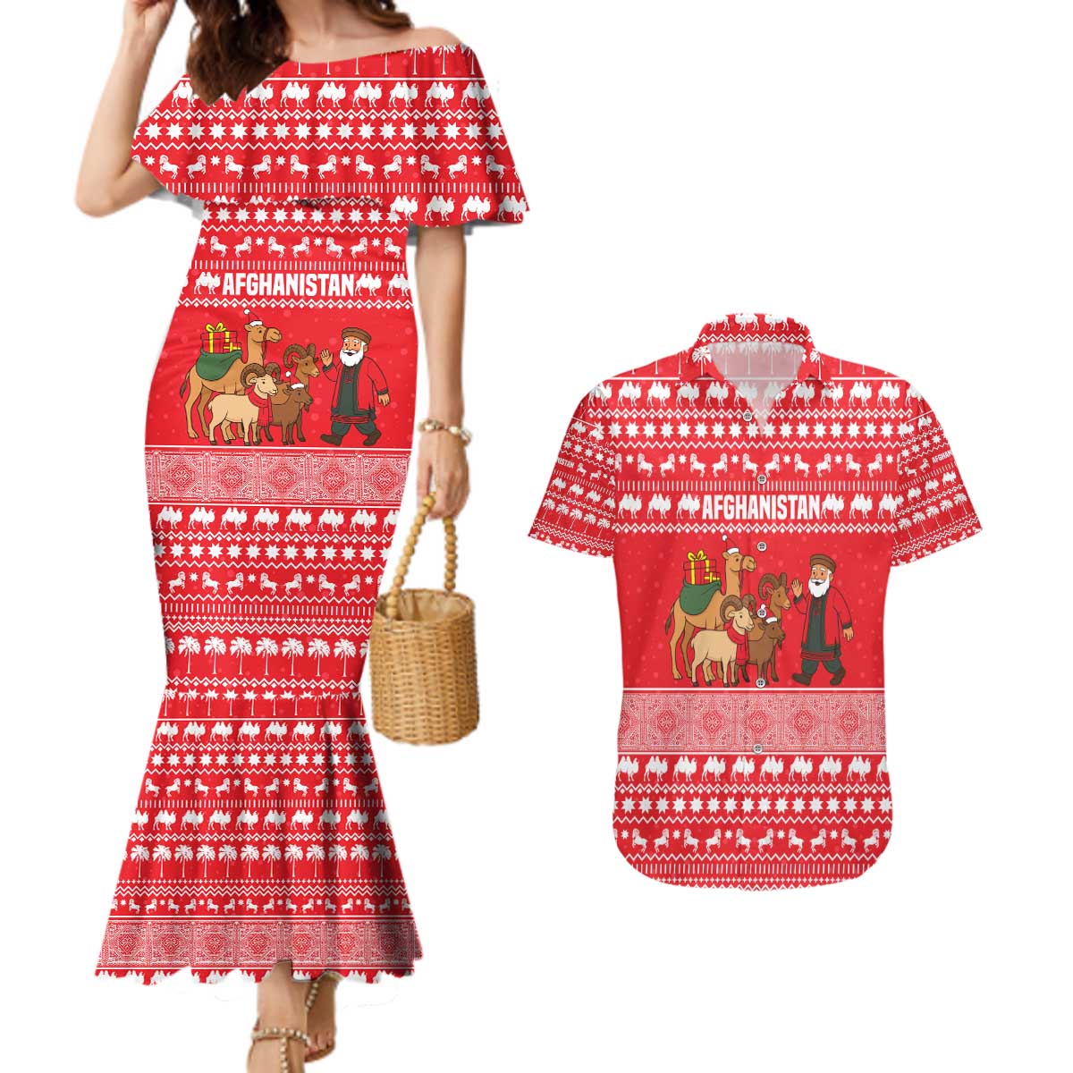 Afghanistan Christmas Couples Matching Mermaid Dress and Hawaiian Shirt with Santa Camels Sheep Traditional Pattern and Festive Design - Wonder Print Shop