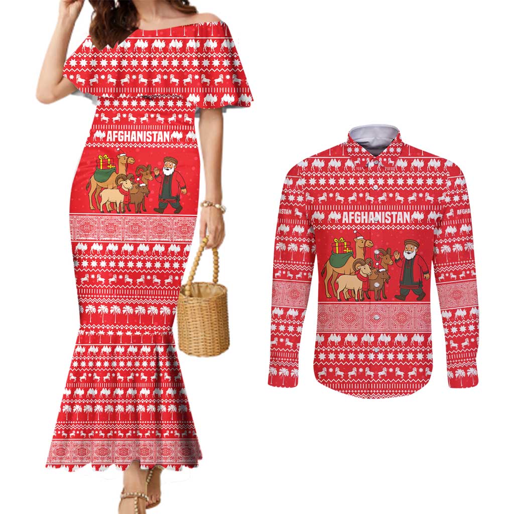 Afghanistan Christmas Couples Matching Mermaid Dress and Long Sleeve Button Shirt with Santa Camels Sheep Traditional Pattern and Festive Design - Wonder Print Shop
