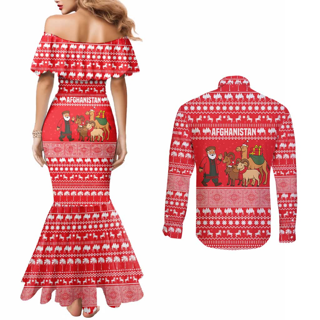 Afghanistan Christmas Couples Matching Mermaid Dress and Long Sleeve Button Shirt with Santa Camels Sheep Traditional Pattern and Festive Design - Wonder Print Shop