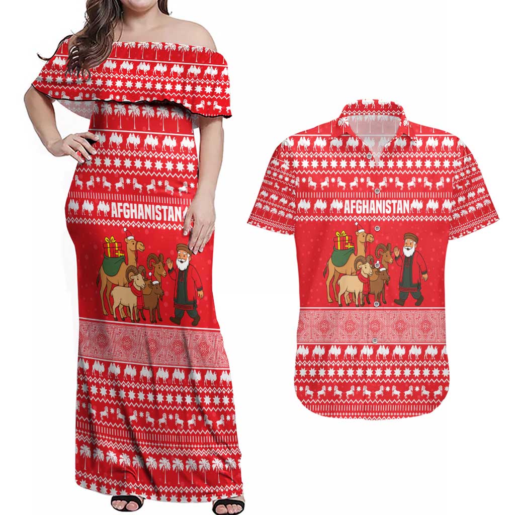 Afghanistan Christmas Couples Matching Off Shoulder Maxi Dress and Hawaiian Shirt with Santa Camels Sheep Traditional Pattern and Festive Design - Wonder Print Shop