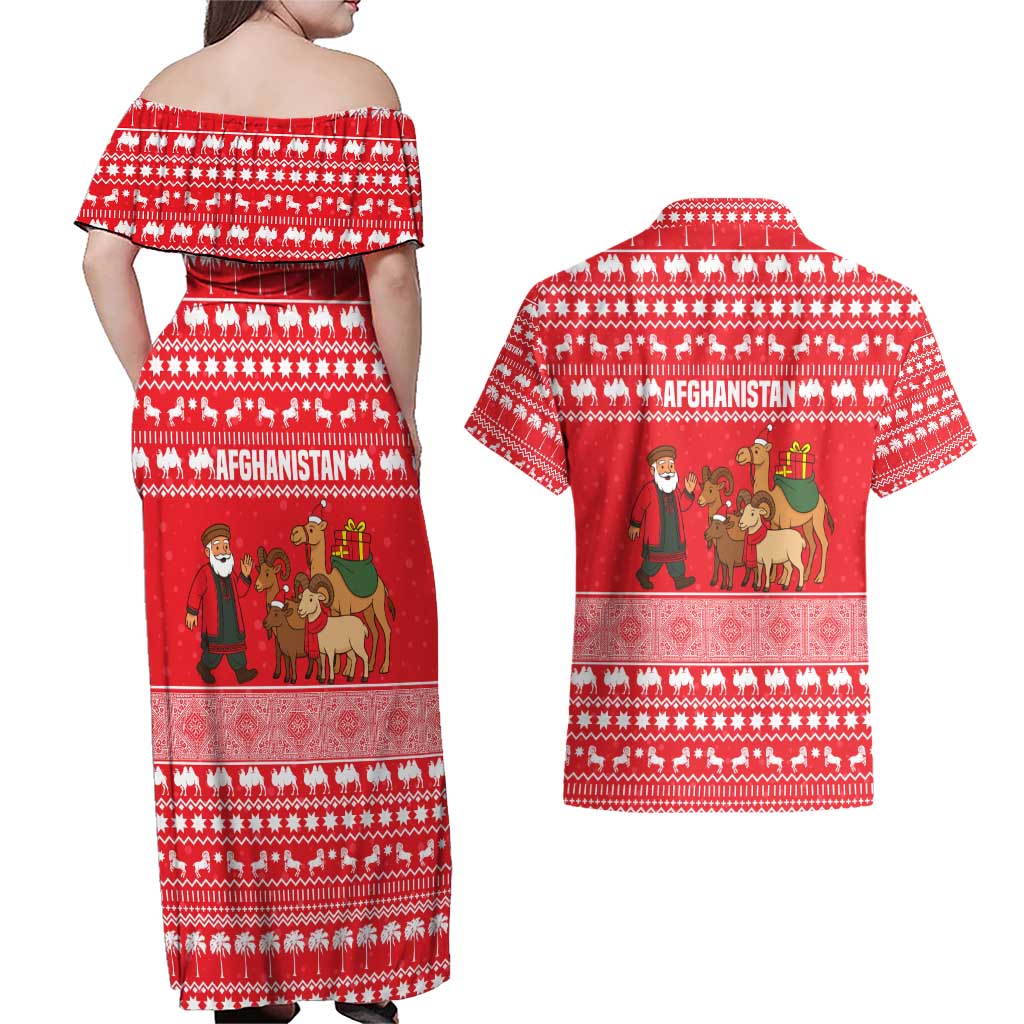 Afghanistan Christmas Couples Matching Off Shoulder Maxi Dress and Hawaiian Shirt with Santa Camels Sheep Traditional Pattern and Festive Design - Wonder Print Shop