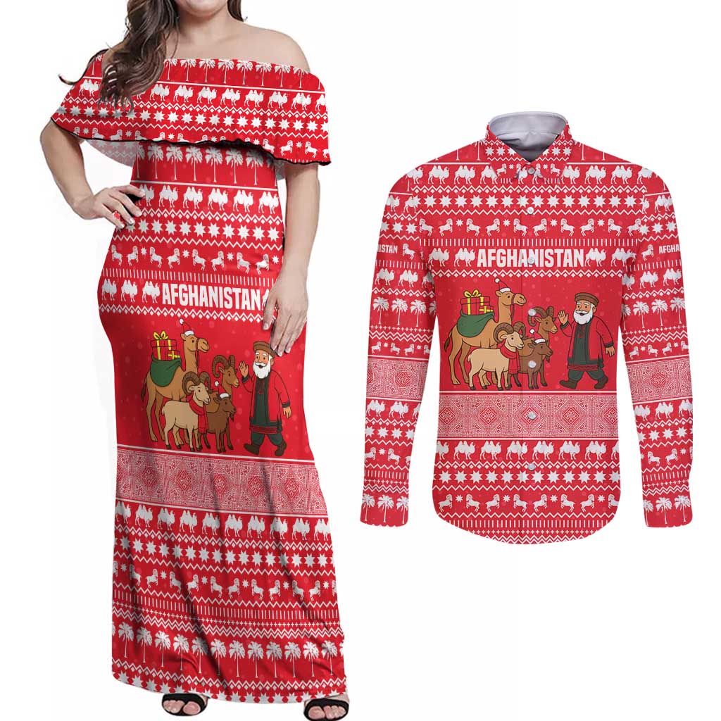 Afghanistan Christmas Couples Matching Off Shoulder Maxi Dress and Long Sleeve Button Shirt with Santa Camels Sheep Traditional Pattern and Festive Design - Wonder Print Shop