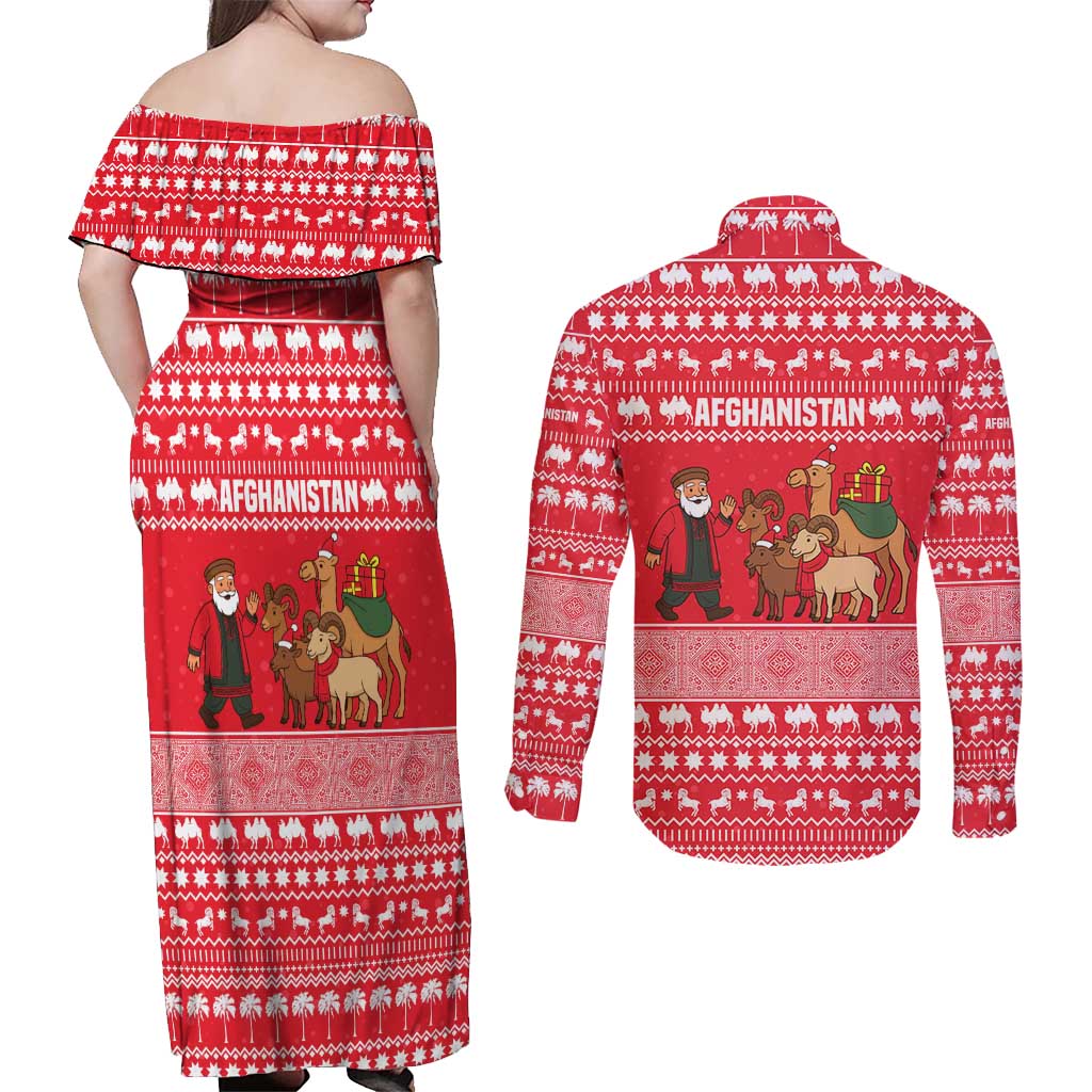Afghanistan Christmas Couples Matching Off Shoulder Maxi Dress and Long Sleeve Button Shirt with Santa Camels Sheep Traditional Pattern and Festive Design - Wonder Print Shop