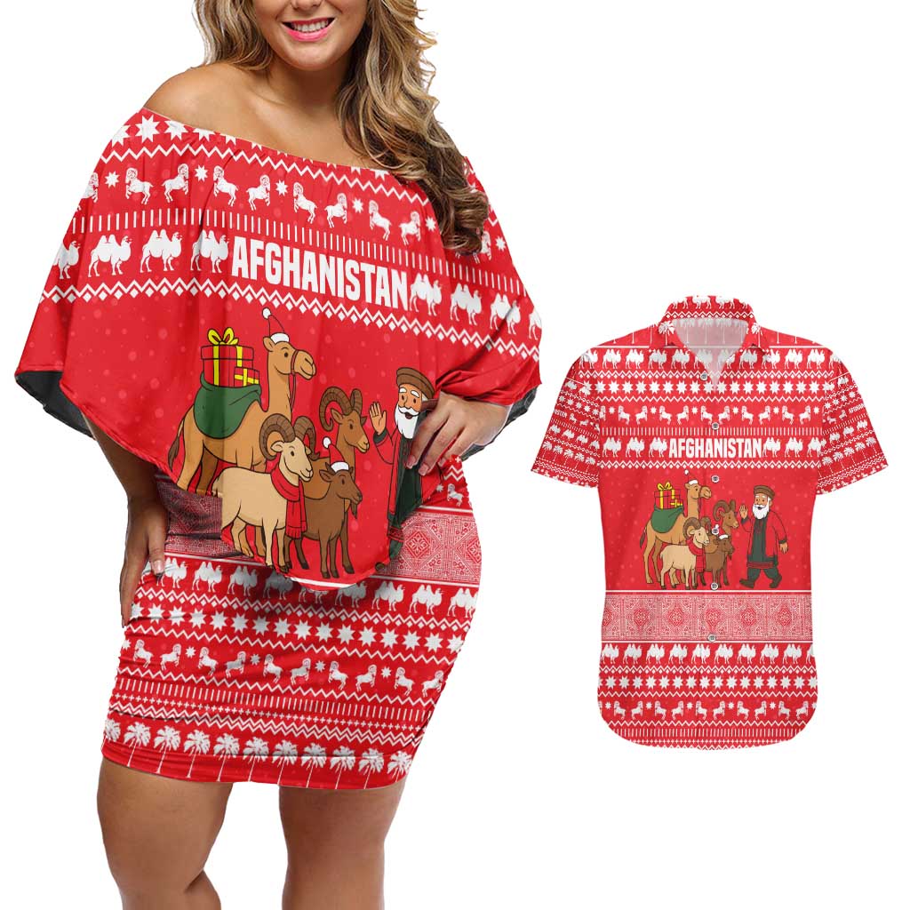 Afghanistan Christmas Couples Matching Off Shoulder Short Dress and Hawaiian Shirt with Santa Camels Sheep Traditional Pattern and Festive Design - Wonder Print Shop