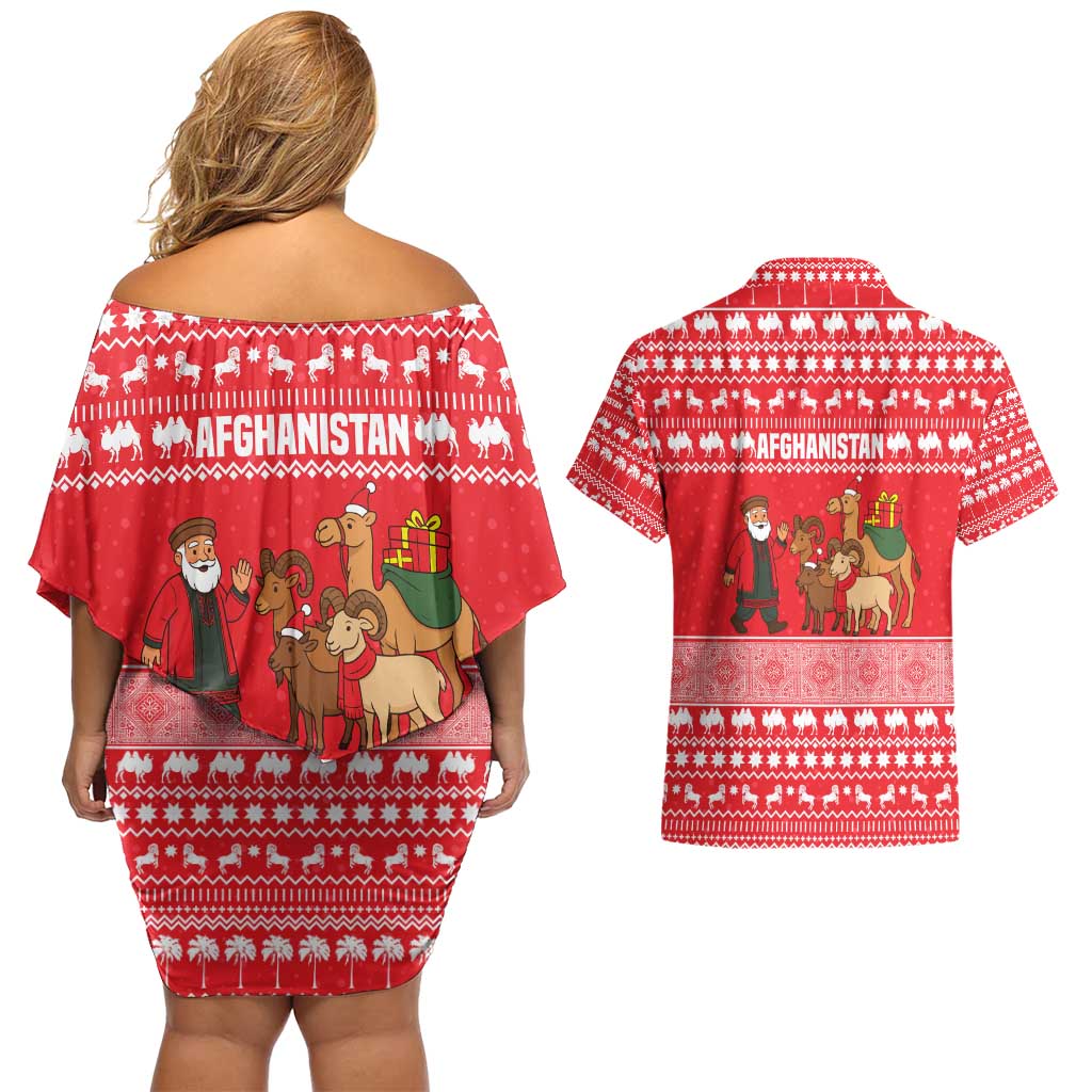Afghanistan Christmas Couples Matching Off Shoulder Short Dress and Hawaiian Shirt with Santa Camels Sheep Traditional Pattern and Festive Design - Wonder Print Shop