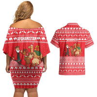 Afghanistan Christmas Couples Matching Off Shoulder Short Dress and Hawaiian Shirt with Santa Camels Sheep Traditional Pattern and Festive Design - Wonder Print Shop