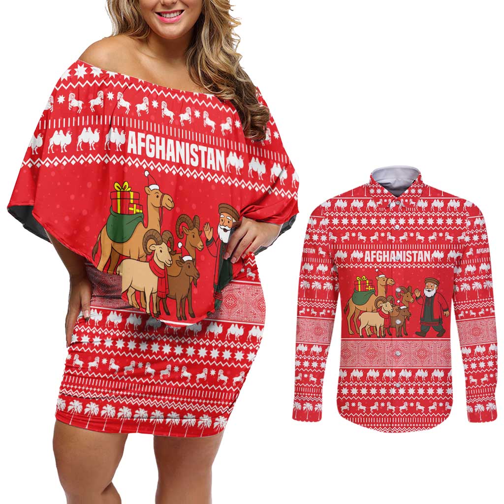 Afghanistan Christmas Couples Matching Off Shoulder Short Dress and Long Sleeve Button Shirt with Santa Camels Sheep Traditional Pattern and Festive Design - Wonder Print Shop