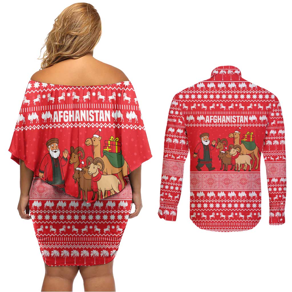Afghanistan Christmas Couples Matching Off Shoulder Short Dress and Long Sleeve Button Shirt with Santa Camels Sheep Traditional Pattern and Festive Design - Wonder Print Shop
