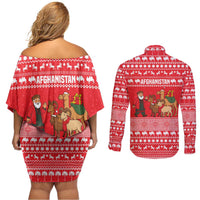 Afghanistan Christmas Couples Matching Off Shoulder Short Dress and Long Sleeve Button Shirt with Santa Camels Sheep Traditional Pattern and Festive Design - Wonder Print Shop