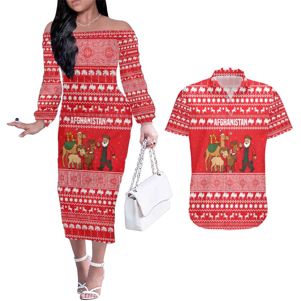 Afghanistan Christmas Couples Matching Off The Shoulder Long Sleeve Dress and Hawaiian Shirt with Santa Camels Sheep Traditional Pattern and Festive Design - Wonder Print Shop