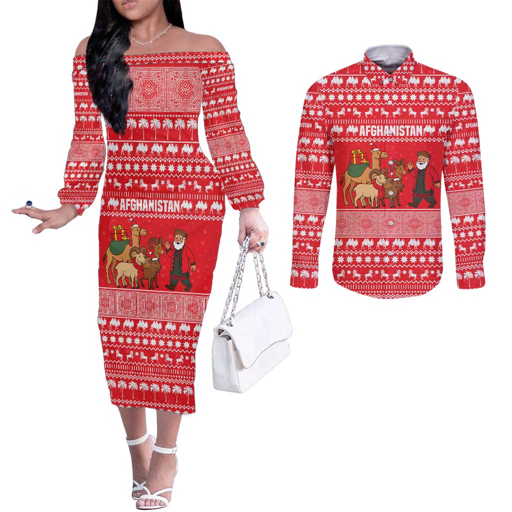 Afghanistan Christmas Couples Matching Off The Shoulder Long Sleeve Dress and Long Sleeve Button Shirt with Santa Camels Sheep Traditional Pattern and Festive Design - Wonder Print Shop