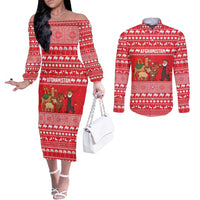 Afghanistan Christmas Couples Matching Off The Shoulder Long Sleeve Dress and Long Sleeve Button Shirt with Santa Camels Sheep Traditional Pattern and Festive Design - Wonder Print Shop