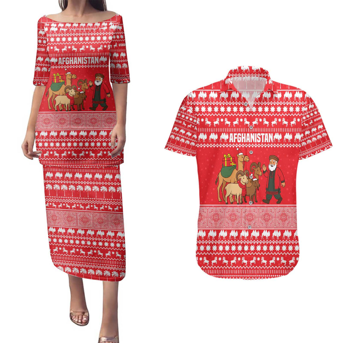 Afghanistan Christmas Couples Matching Puletasi and Hawaiian Shirt with Santa Camels Sheep Traditional Pattern and Festive Design - Wonder Print Shop