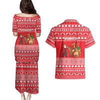 Afghanistan Christmas Couples Matching Puletasi and Hawaiian Shirt with Santa Camels Sheep Traditional Pattern and Festive Design - Wonder Print Shop