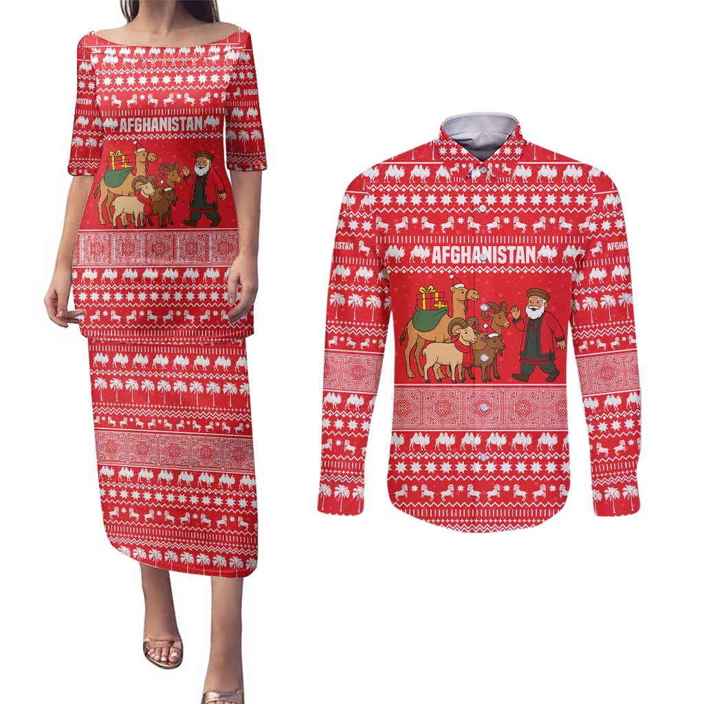Afghanistan Christmas Couples Matching Puletasi and Long Sleeve Button Shirt with Santa Camels Sheep Traditional Pattern and Festive Design - Wonder Print Shop
