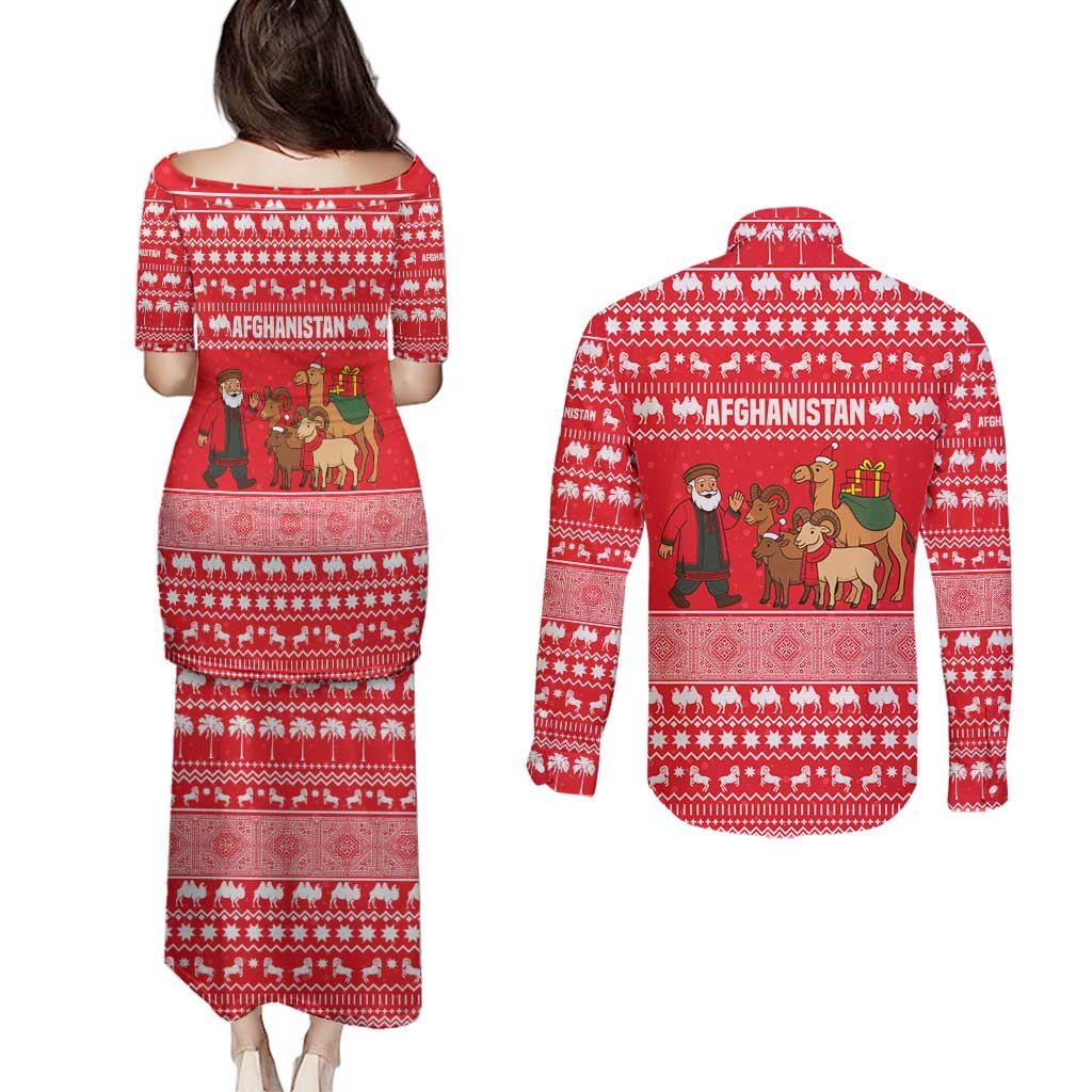 Afghanistan Christmas Couples Matching Puletasi and Long Sleeve Button Shirt with Santa Camels Sheep Traditional Pattern and Festive Design - Wonder Print Shop