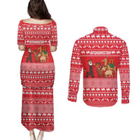 Afghanistan Christmas Couples Matching Puletasi and Long Sleeve Button Shirt with Santa Camels Sheep Traditional Pattern and Festive Design - Wonder Print Shop