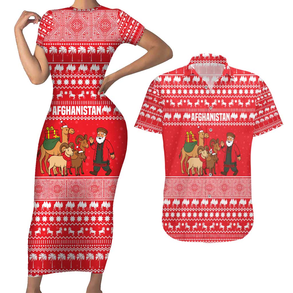 Afghanistan Christmas Couples Matching Short Sleeve Bodycon Dress and Hawaiian Shirt with Santa Camels Sheep Traditional Pattern and Festive Design - Wonder Print Shop