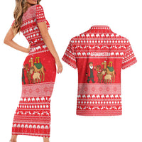 Afghanistan Christmas Couples Matching Short Sleeve Bodycon Dress and Hawaiian Shirt with Santa Camels Sheep Traditional Pattern and Festive Design - Wonder Print Shop