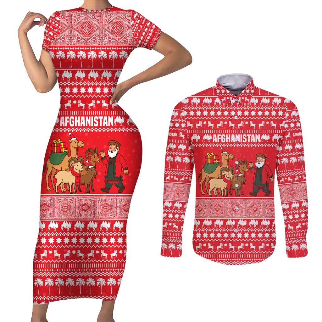 Afghanistan Christmas Couples Matching Short Sleeve Bodycon Dress and Long Sleeve Button Shirt with Santa Camels Sheep Traditional Pattern and Festive Design - Wonder Print Shop