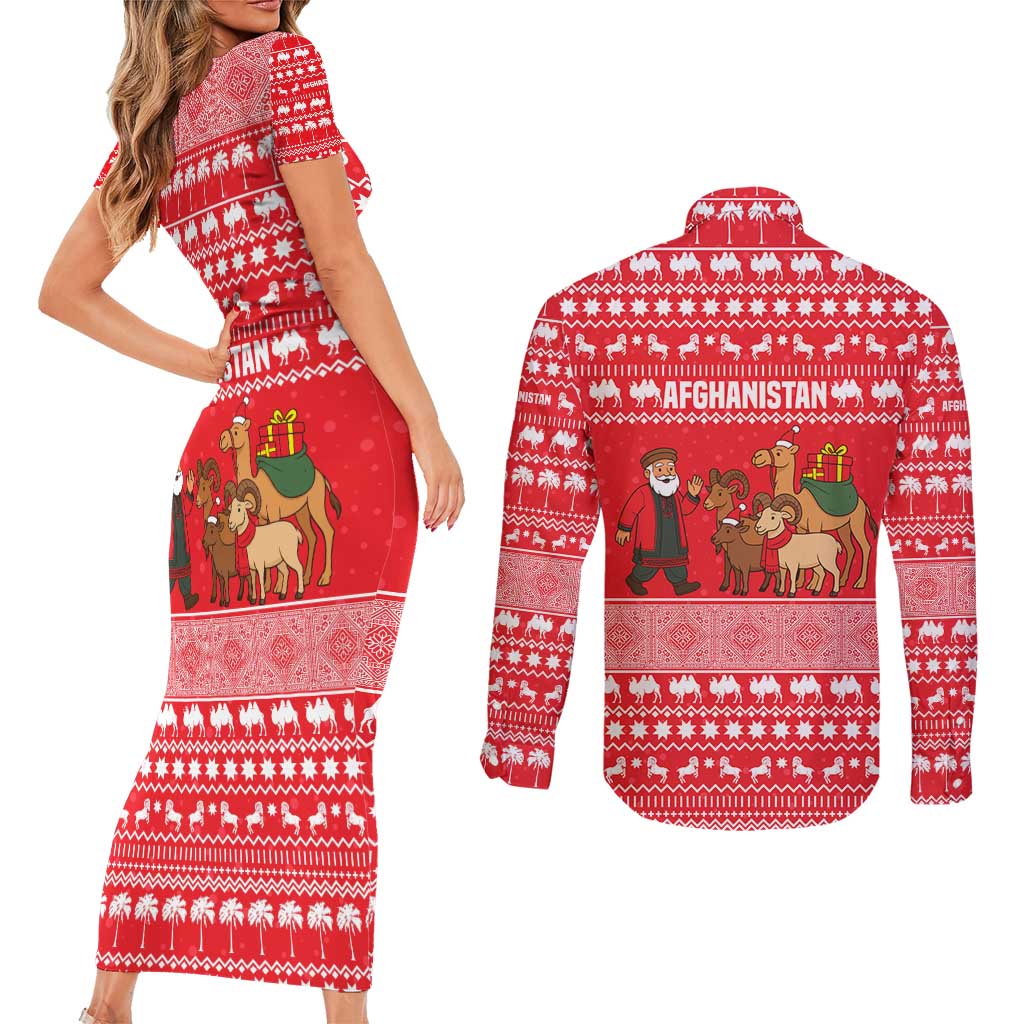 Afghanistan Christmas Couples Matching Short Sleeve Bodycon Dress and Long Sleeve Button Shirt with Santa Camels Sheep Traditional Pattern and Festive Design - Wonder Print Shop