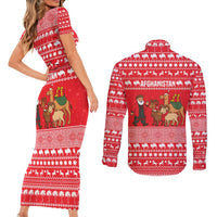 Afghanistan Christmas Couples Matching Short Sleeve Bodycon Dress and Long Sleeve Button Shirt with Santa Camels Sheep Traditional Pattern and Festive Design - Wonder Print Shop