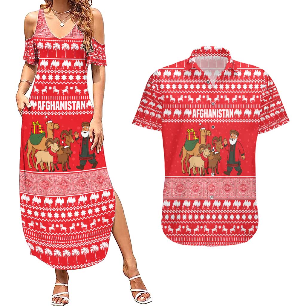 Afghanistan Christmas Couples Matching Summer Maxi Dress and Hawaiian Shirt with Santa Camels Sheep Traditional Pattern and Festive Design - Wonder Print Shop