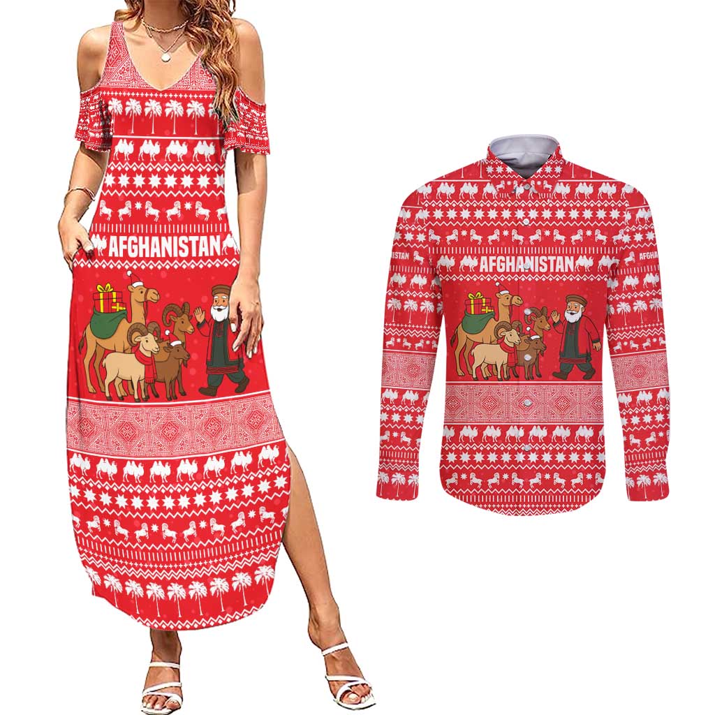 Afghanistan Christmas Couples Matching Summer Maxi Dress and Long Sleeve Button Shirt with Santa Camels Sheep Traditional Pattern and Festive Design - Wonder Print Shop
