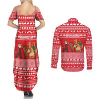 Afghanistan Christmas Couples Matching Summer Maxi Dress and Long Sleeve Button Shirt with Santa Camels Sheep Traditional Pattern and Festive Design - Wonder Print Shop