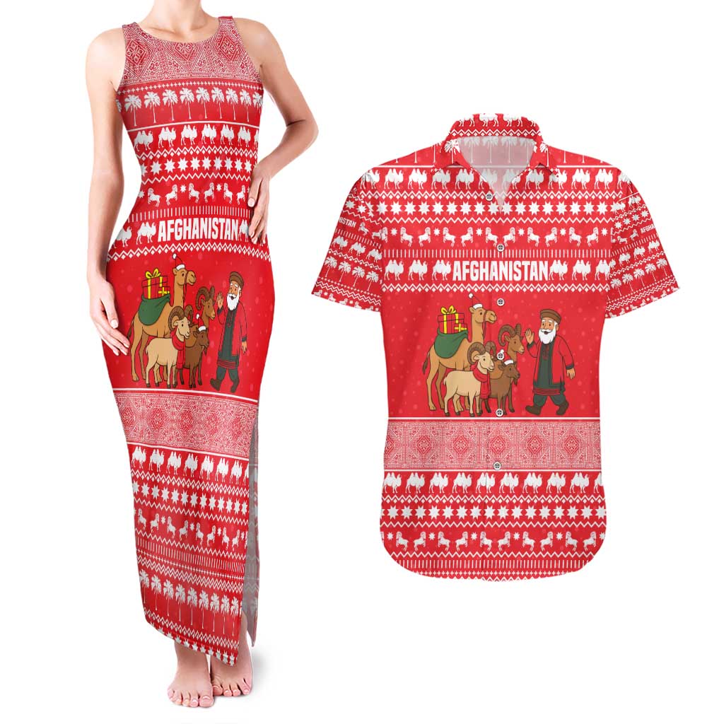 Afghanistan Christmas Couples Matching Tank Maxi Dress and Hawaiian Shirt with Santa Camels Sheep Traditional Pattern and Festive Design - Wonder Print Shop